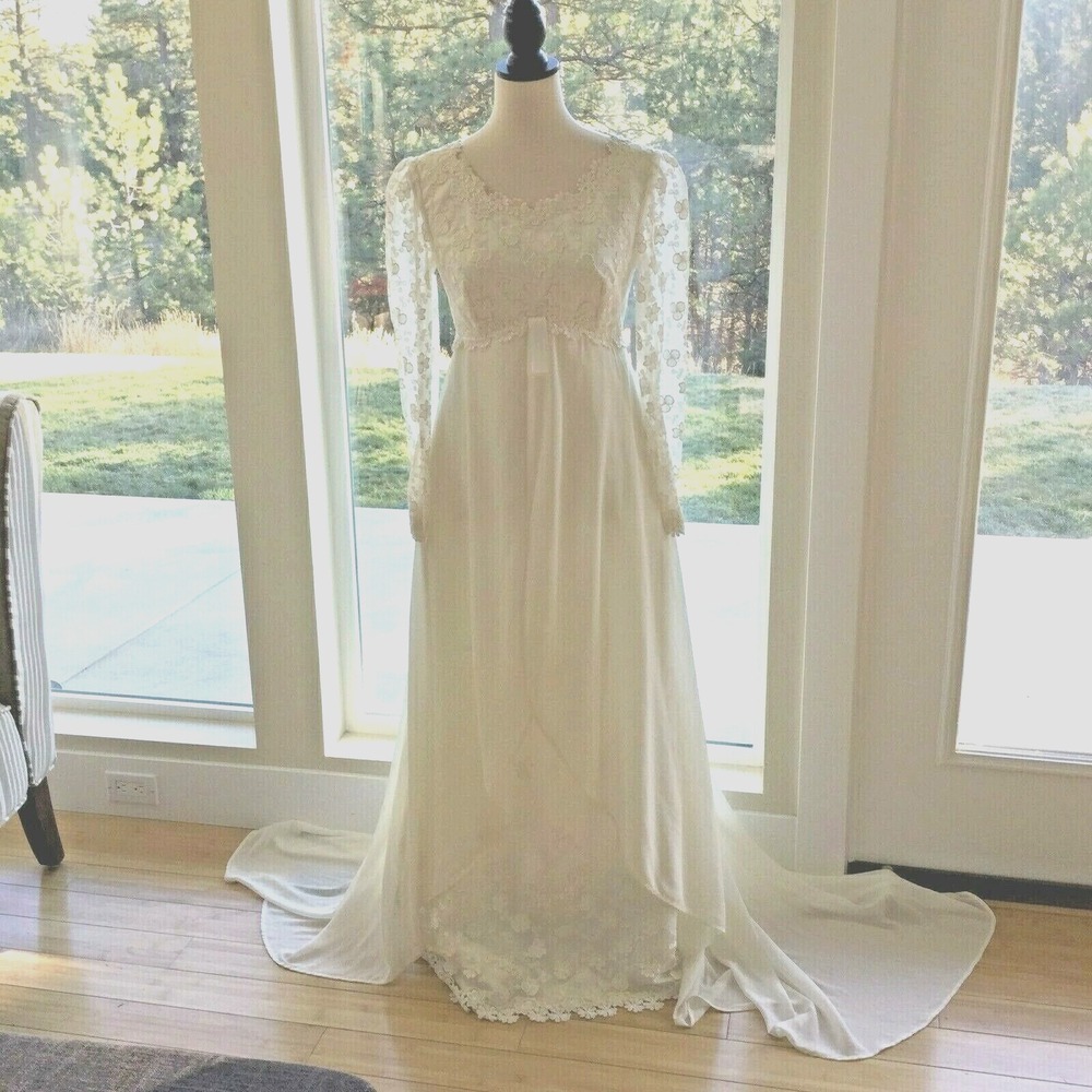 VTG Italian‎ Wedding Dress XS Princess Ivory Babydoll Long Sleeve Lace Romantic - Picture 3 of 11